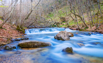 small river rushing through the mountain canyon, spring outdoor scene