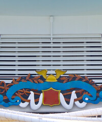 Glass dome skylight retractable roof reflecting funnel and superstructure of modern cruiseship or...