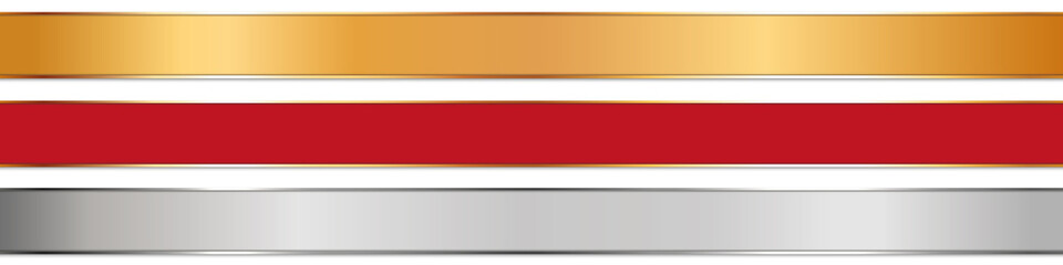 long gold, silver and red ribbon banners with gold frame on white background	
