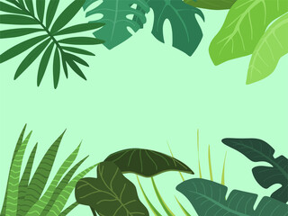 Exotic tropical green plants and leaves background with space for text, flat drawing style, vector illustration