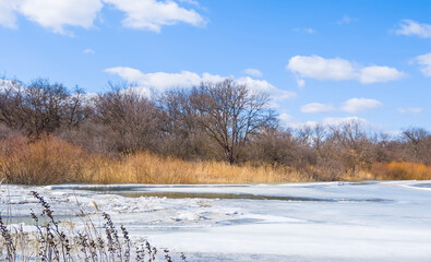 spring melting frozen river, spring countryside scene