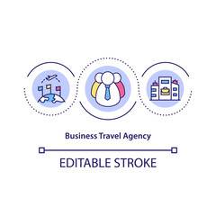 Business travel agency concept icon. Organising trips for people travelling in professional capacity idea thin line illustration. Vector isolated outline RGB color drawing. Editable stroke