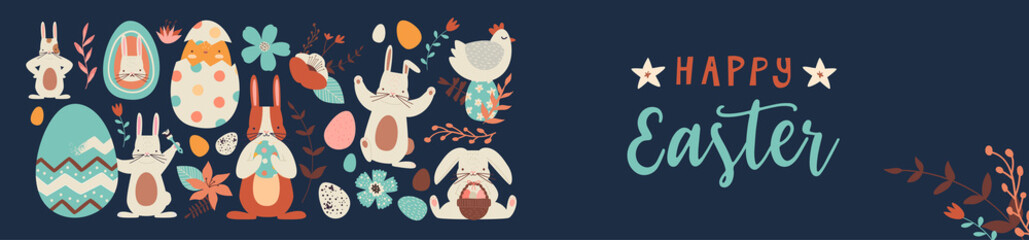 Fototapeta premium Happy easter cute folk rabbit egg doodle banner