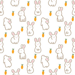 Seamless Pattern with Cartoon Rabbit and Carrot Illustration Design on White Background