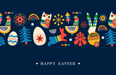 Happy Easter colorful folk rabbit art cartoon card