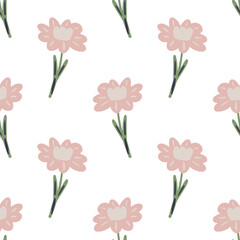 Isolated seamless hand drawn nature pattern with pastel pink flower silhouettes shapes. White background.