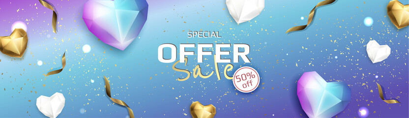 Happy Valentine s Day Romantic creative banner, horizontal header for website. Background Realistic 3d heart.