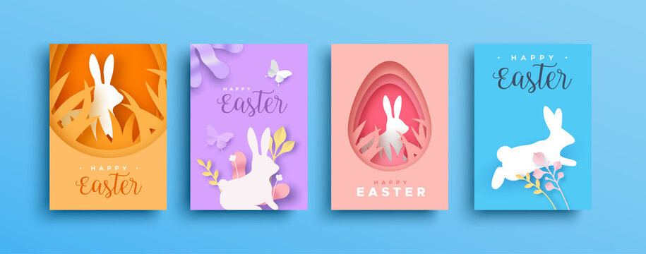 Happy Easter paper cut rabbit egg spring card set