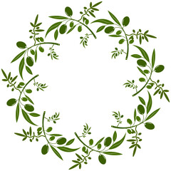 Olive wreath with berries and leaves. Hand drawn floral vector border with olive fruit and tree branches with leaves isolated on a white background. For designs, print and fabrics