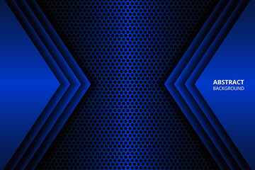 Futuristic abstract dark blue background with carbon fiber mesh. Modern sports gaming banner. Blue gradient geometric shapes on carbon grid.