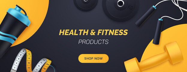 Sports and fitness products banner design. Flat lay composition with dumbbells, barbell plates, shaker, skipping rope, measuring tape. Advertisement concept for sports store. Vector illustration. - obrazy, fototapety, plakaty