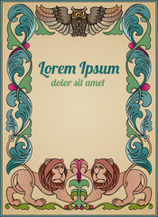 Antique style vector frame with stylized drawings of lions, owl, flowers and leaves, Vintage ornamental decor in green, brown, ochre, beige, gold and burgundy colors for custom cover or page design