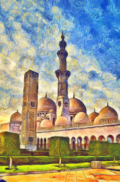 Sheikh Zayed Grand Mosque in Abu Dhabi, UAE, impressionist oil painting. Digital  imitation of Van Gogh painting style