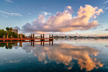 beautiful wonderful place marine pier wood cloud sky clouds reflections water sea boats bay miami florida mirror horizon tropical fishing fisherman sea river