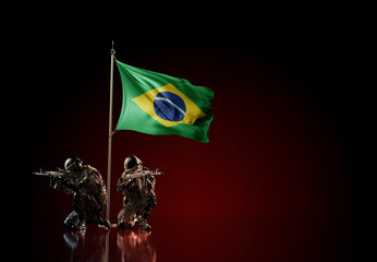 Concept of military conflict. Waving national flag of Brazil. Illustration of coup idea. Two soldier statue guards defending the symbol of country against red wall