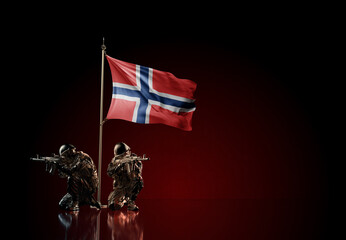 Naklejka premium Concept of military conflict. Waving national flag of Bouvet Island. Illustration of coup idea. Two soldier statue guards defending the symbol of country against red wall