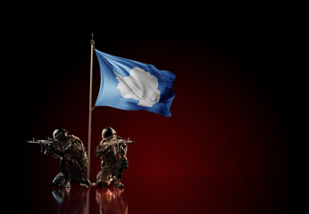 Concept of military conflict. Waving national flag of Antarctica. Illustration of coup idea. Two soldier statue guards defending the symbol of country against red wall