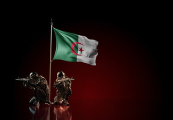 Concept of military conflict. Waving national flag of Algeria. Illustration of coup idea. Two soldier statue guards defending the symbol of country against red wall