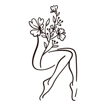 Woman legs and flowers. Line art woman body. Female body line art. Woman silhouette line. Vector illustration isolated on white background. 
