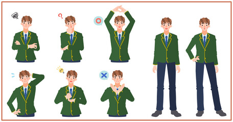 制服を着た男子学生のリアクションセット