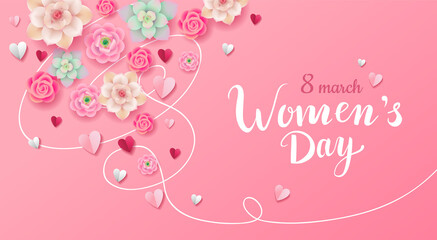 8 march floral banner design with blooming flowers and paper hearts on pink background. Women's Day calligraphic quotation. - Vector illustration