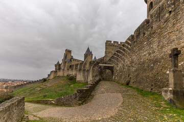 Fototapeta na wymiar ruins of the castle in Carcassonne city in France