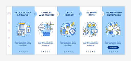 Wind-power turbines vector infographic template. Renewable energy technologies presentation design elements. Data visualization with 5 steps. Process timeline chart. Workflow layout with linear icons