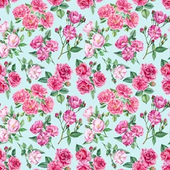 Behang Pink roses, buds and leaves on a white background, watercolor painting. Seamless patterns © Hanna