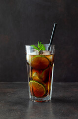 Cocktail cuba libre with lime and ice. Rum and cola Alcoholic beverages. Bar. Restaurant.