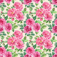 Vintage flowers, branches of roses, buds and leaves. Watercolor flowers. Seamless patterns