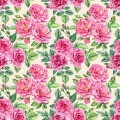 Vintage flowers, branches of roses, buds and leaves. Watercolor flowers. Seamless patterns