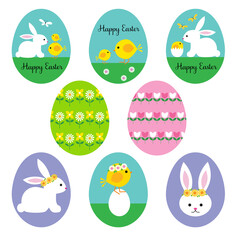 pastel Happy Easter egg shape graphics with bunnies chicks and flowers