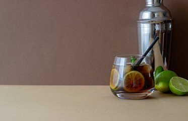 Cocktail cuba libre with lime and ice. Rum and cola Alcoholic beverages. Bar. Restaurant.