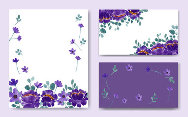 purple watercolor flowers  with separated element editable template. pastel watercolor flowers with separated element. perfectly for wedding invitation and background