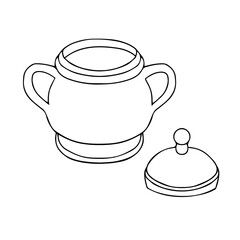 Black hand drawing outline illustration of a bowl for sugar isolated on a white background