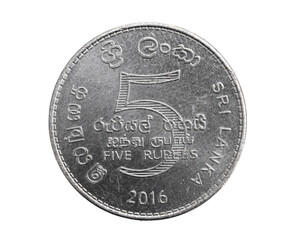 Sri lanka five rupees coin on white isolated background