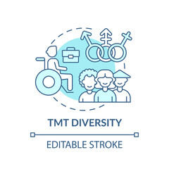 Tmt diversity concept icon. Top management team analysis criteria. People with various racial cultures. Employee idea thin line illustration. Vector isolated outline RGB color drawing. Editable stroke