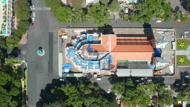 Flight over  Notre-Dame Cathedral Basilica of Saigon in Ho-Chi-Minh City