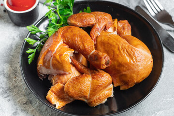 fried chicken pieces barbecue meat or grilled poultry portion on the table cooking meal snack outdoor top view copy space for text food background rustic image