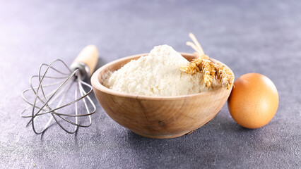 flour, egg and whisk- baking ingredient