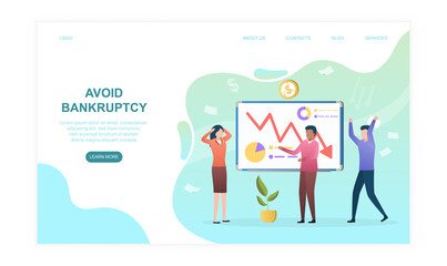 Male and female business partners suffering from bankruptcy. Group of people standing near board with infographics. Website, web page, landing page template. Flat cartoon vector illustration