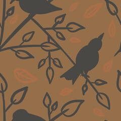 Seamless pattern with outline gray birds sitting on tree branches across leaves on beige background. Linen, bedding, textile, fabric, print, packaging, stationery design