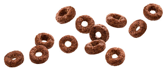 Falling chocolate corn rings isolated on white background