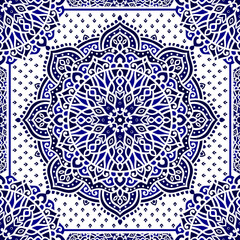Blue and white Turkish seamless pattern with luxury mandala ornament. Traditional Arabic, Indian motifs. Great for fabric and textile, wallpaper, packaging or any desired idea.