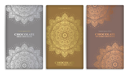 Silver and gold vintage set of chocolate bar packaging design. Vector luxury template with ornament elements. Can be used for background and wallpaper. Great for food and drink package types.