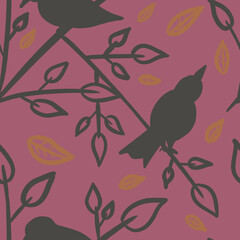 Fototapeta premium Seamless pattern with outline gray birds sitting on tree branches across leaves on pink background. Linen, bedding, textile, fabric, print, packaging, stationery design