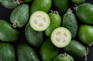 Close up view of fresh feijoa fruits