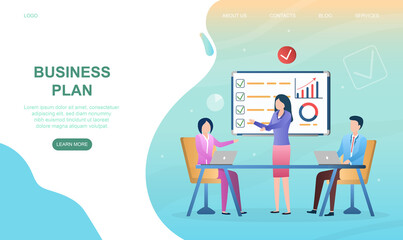 Male and female characters are creating business plan in office. Woman making successful business plan near infographics. Website, web page. landing page template. Flat cartoon vector illustration