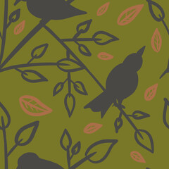 Seamless pattern with outline gray birds sitting on tree branches across leaves on green background. Linen, bedding, textile, fabric, print, packaging, stationery design