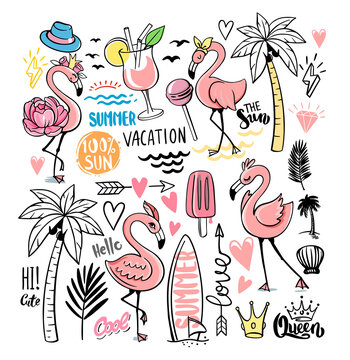 Flamingo doodle with tropical elements